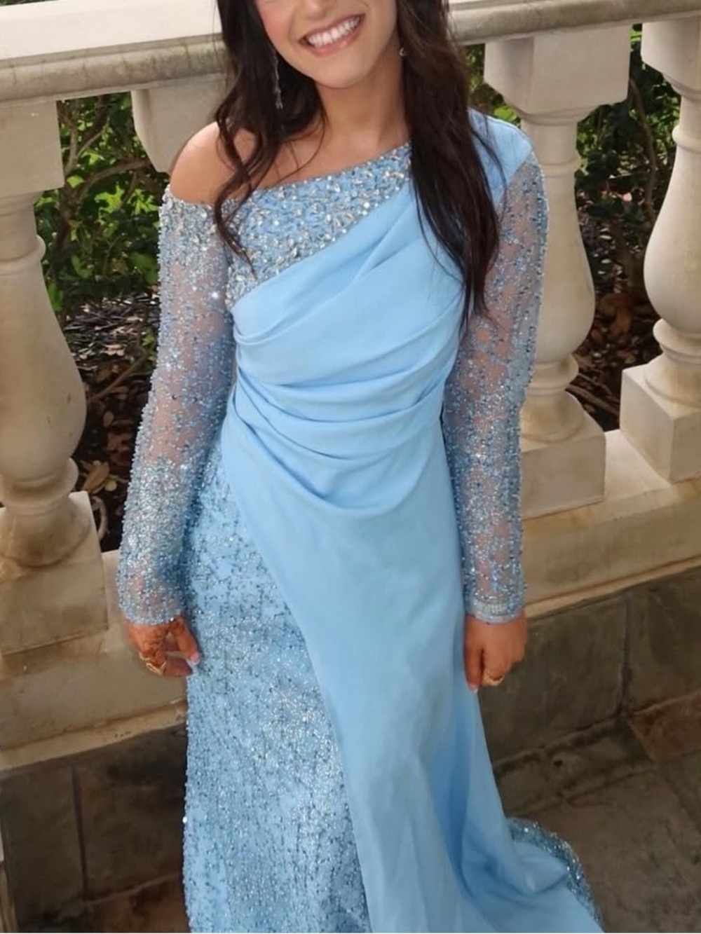 Light Blue One-Shoulder Evening Gown with Sheer Beaded Sleeves